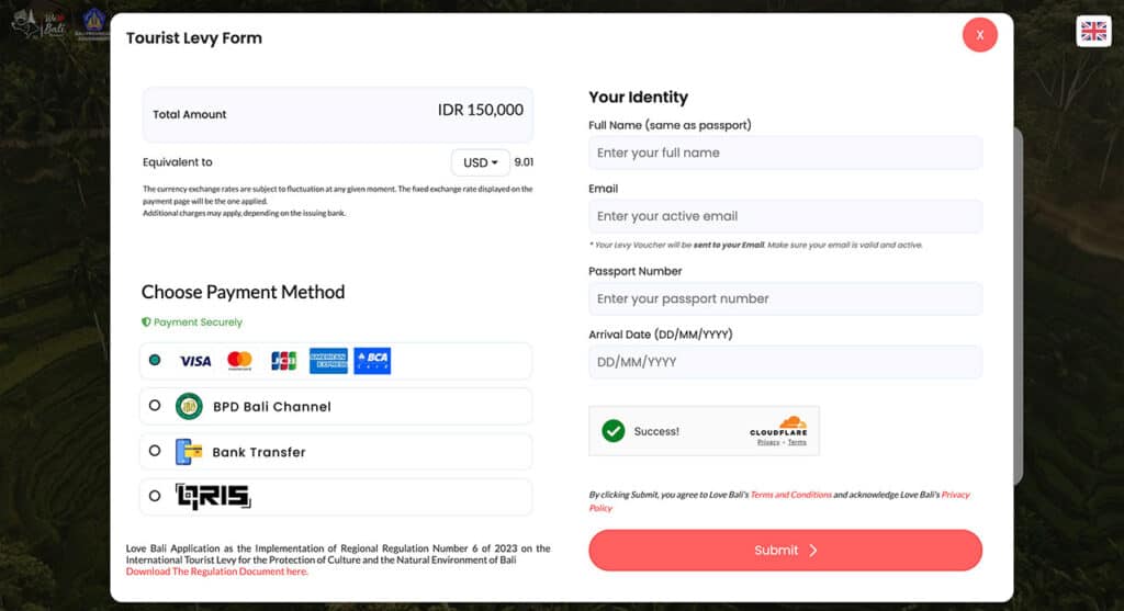 Love Bali website - Tourist Levy Form