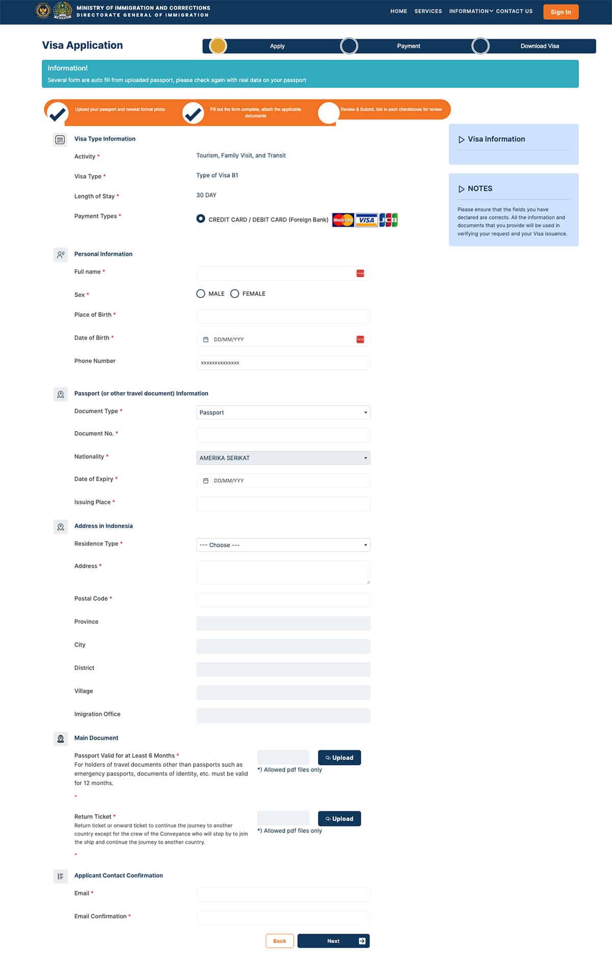 Online visa application form showing fields for personal info, visit details, and document uploads on a website.